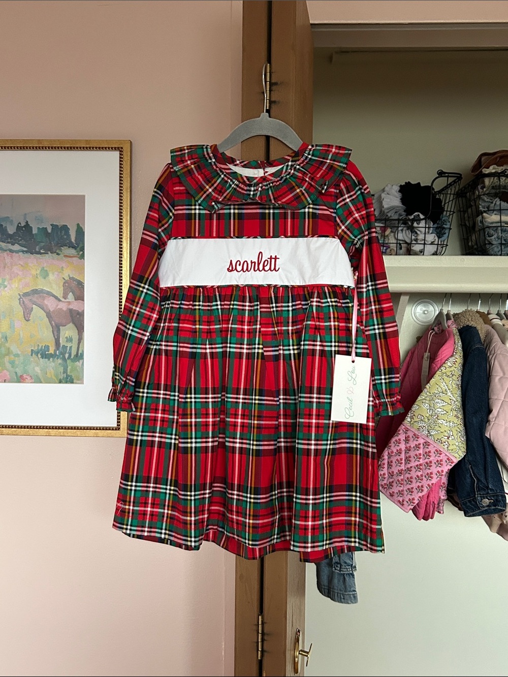 Personalized Red & Green Plaid Holiday Dress with White Smocked Yoke